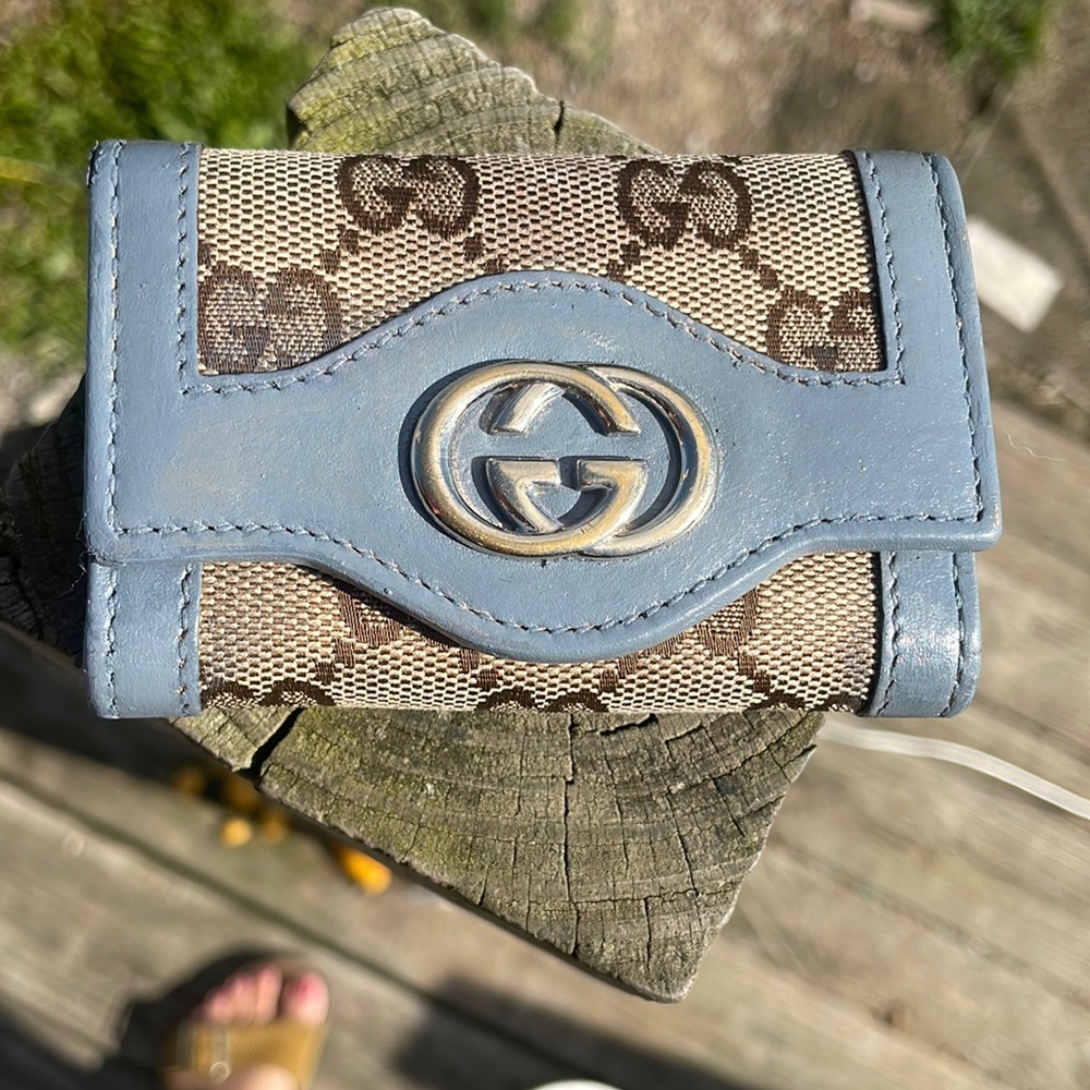 Gucci Beige GG Canvas and Light Blue Leather Card Case